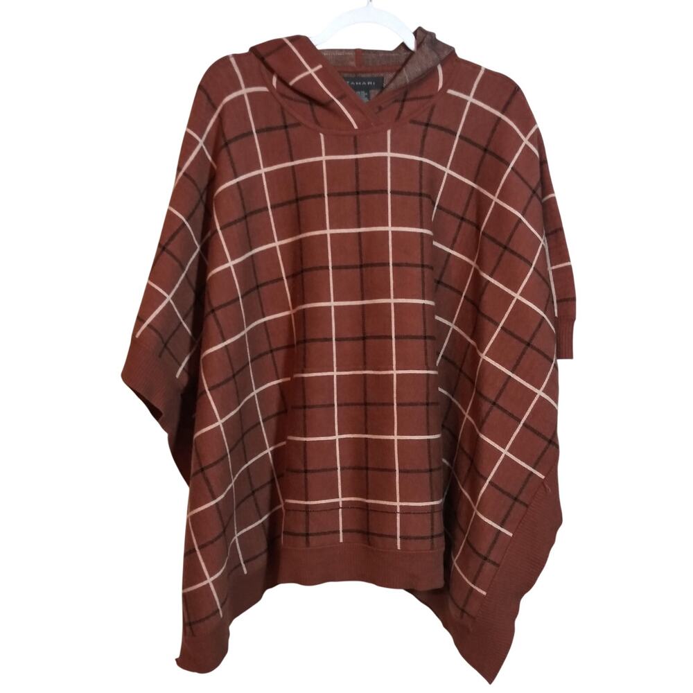 Tahari Knit Brown Windowpane Hooded Poncho Size OS